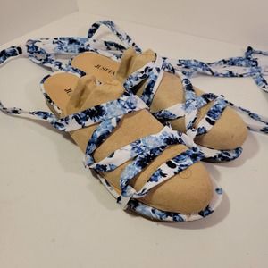 JUST FAB flat sandals CALLISTA blue floral ankle lace up leg tie Size 8.5